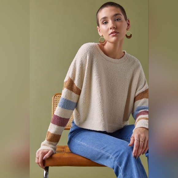 Francesca's Love Knits NYC Size Large Aubrey Striped Teddy Pullover Sweater EUC - Picture 1 of 16